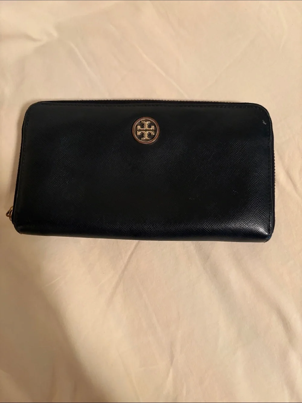 Tory Burch Black Leather Zip Wallet with Gold Logo dust bag included